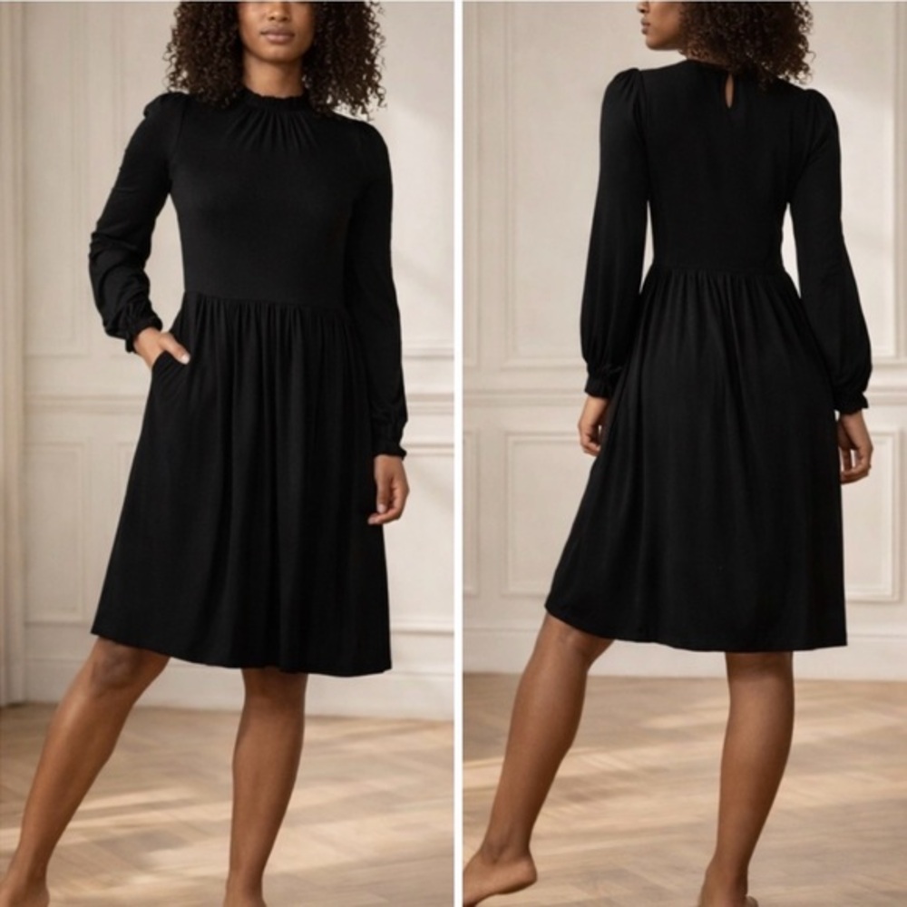 Boden Clara Black Jersey Shirt Dress Ruffle Sleeve Pocket Casual Chic